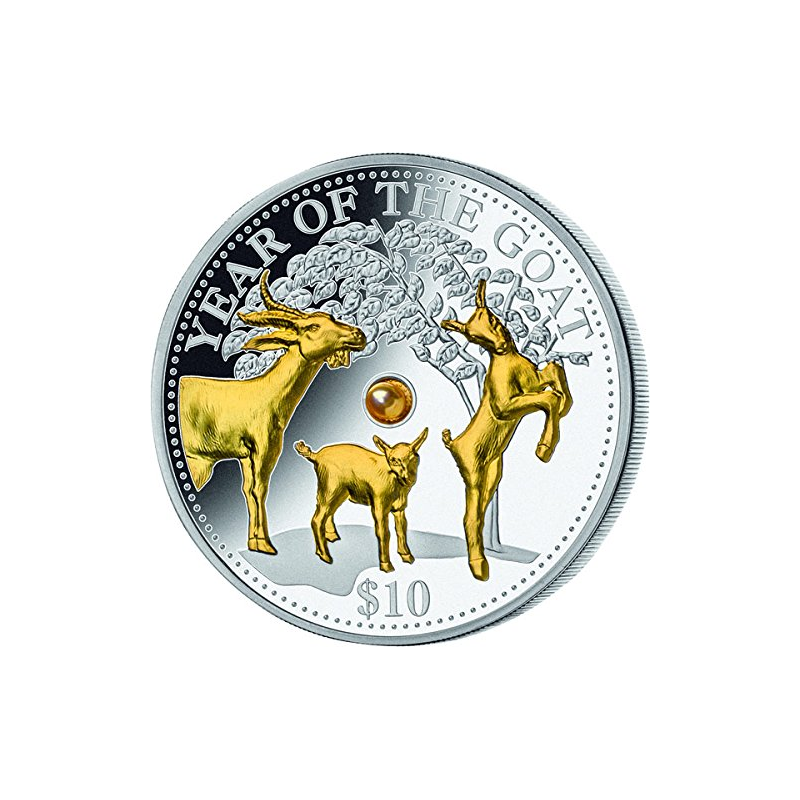 Fiji 2015 - 10$ Year of the Goat with Yellow Pearl - 1 oz. Silver